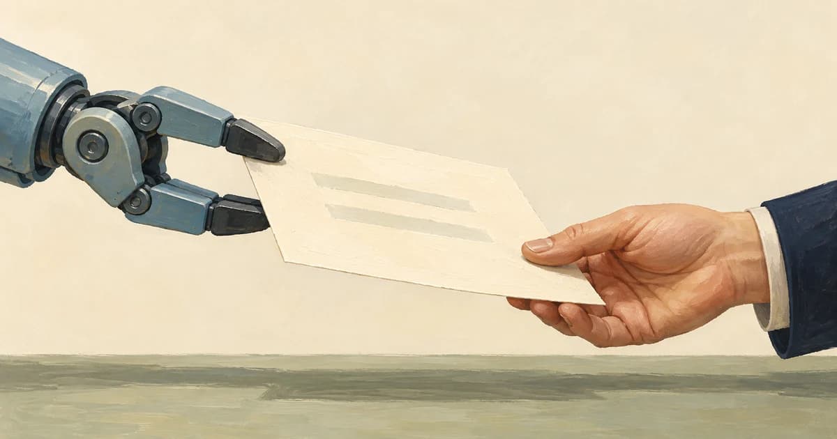 A mechanical gripper hands an unfinished document to a person, illustrating an AI workflow handing a decision to a human.