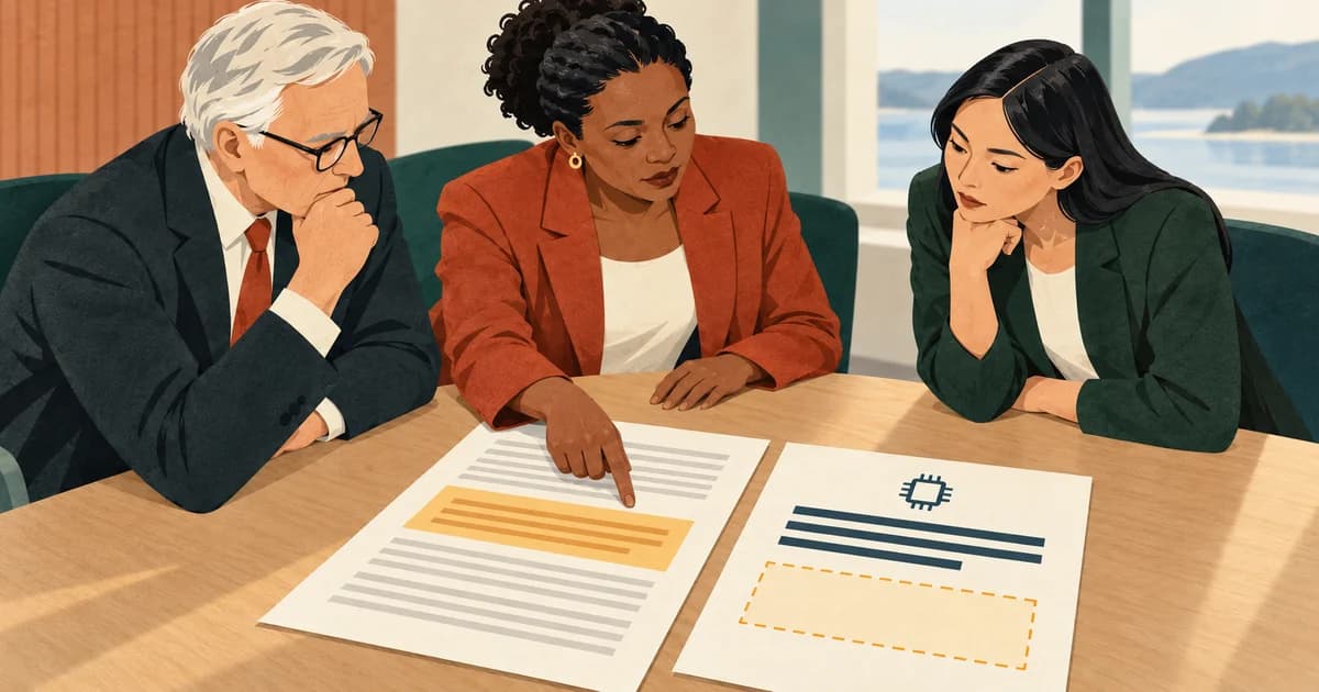 Three board members compare two pages: an original with an amber-highlighted clause and an AI summary with an empty space where the clause is missing.