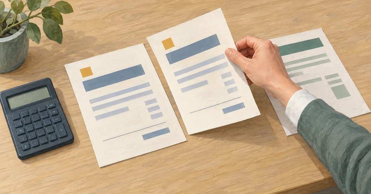 A finance controller lifts a duplicate invoice away from other sales documents beside a calculator.