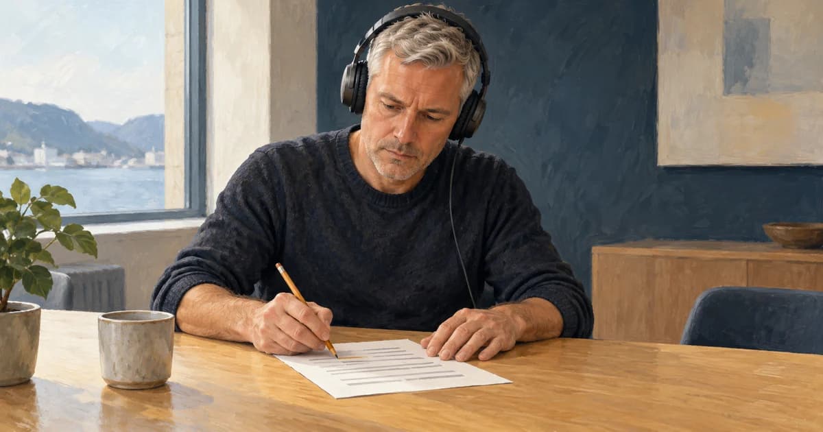 Painterly illustration of a meeting owner listening through headphones while checking a printed meeting note with a pencil.