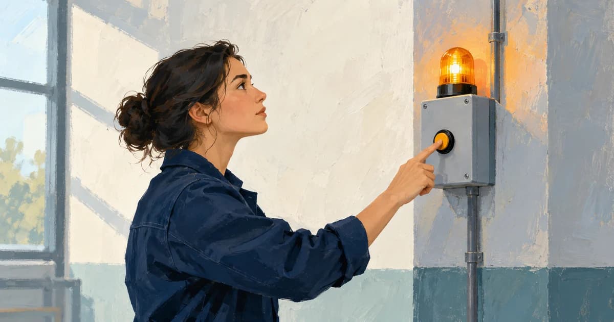 An engineer tests a separate alarm panel and checks that its amber warning light comes on.