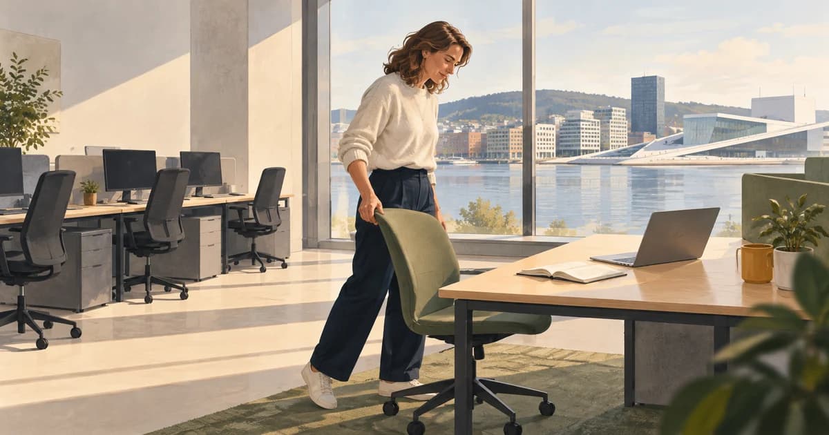 En kontoransatt trekker en stol mot en bærbar PC og en åpen notatbok, med tomme arbeidsplasser og Oslos havnefront i bakgrunnen.