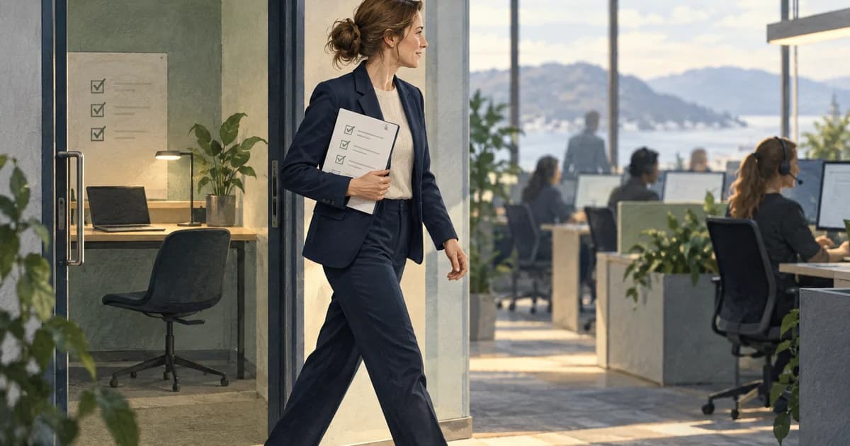 An operations lead carrying an approval checklist from a test desk into a working support office.