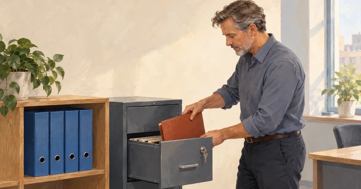 An office manager places a document folder in a lockable cabinet beside an open shelf of shared reference binders.