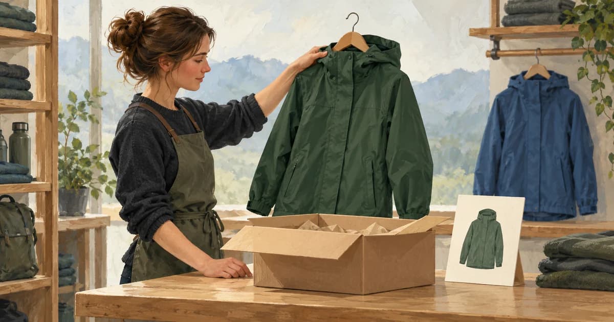 A shop employee compares a green rain jacket with its product card before packing it for delivery.