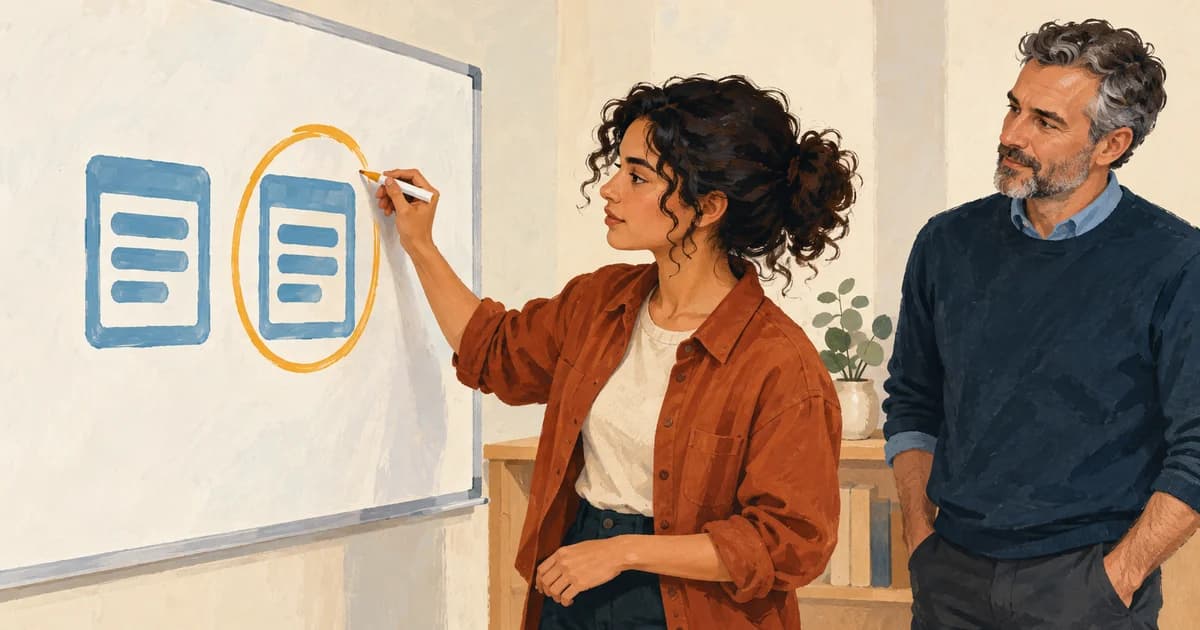 A developer marks a duplicate record in a whiteboard exercise while an experienced colleague observes.