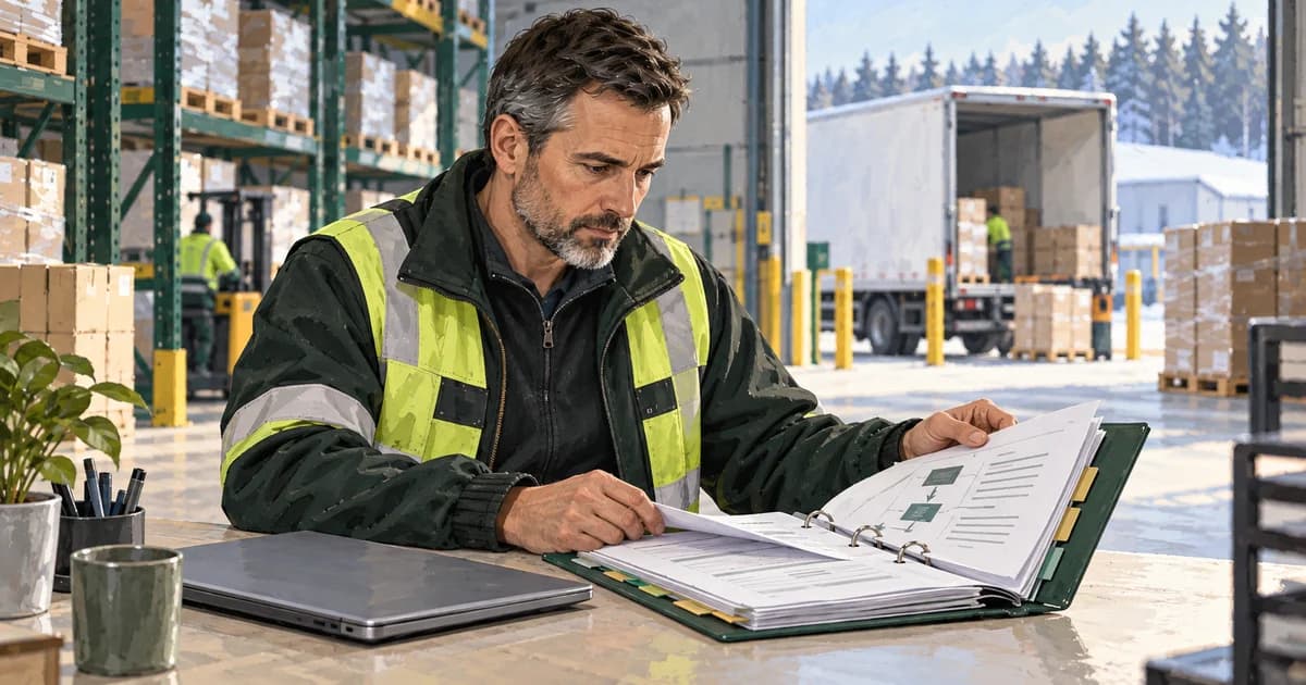 A warehouse manager opening a continuity binder while dispatch work continues behind them.