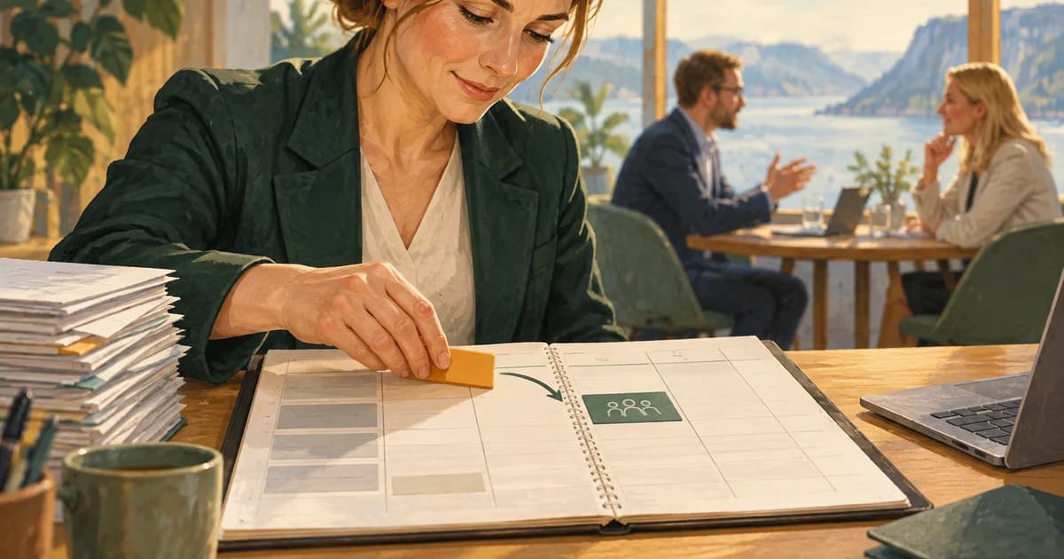 A team leader reallocating time on a weekly planner from paperwork to customer work.
