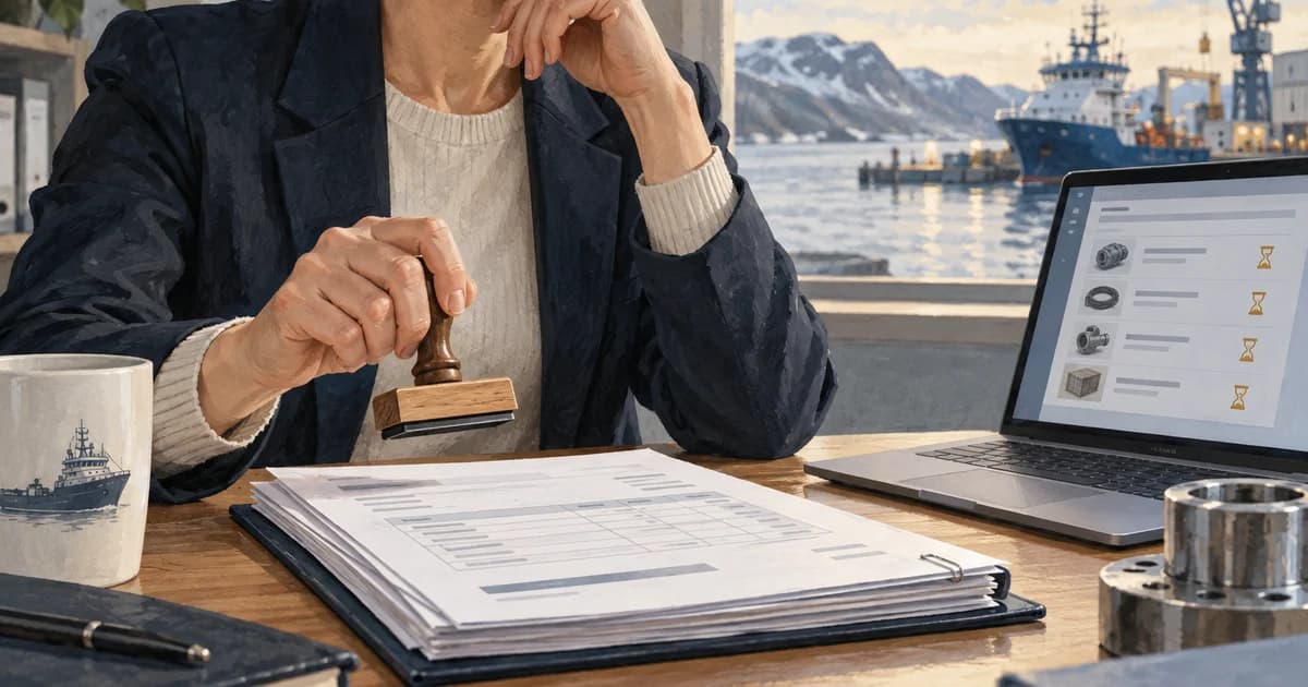 En innkjøpsleder holder et godkjenningsstempel over en ordre som venter på beslutning.