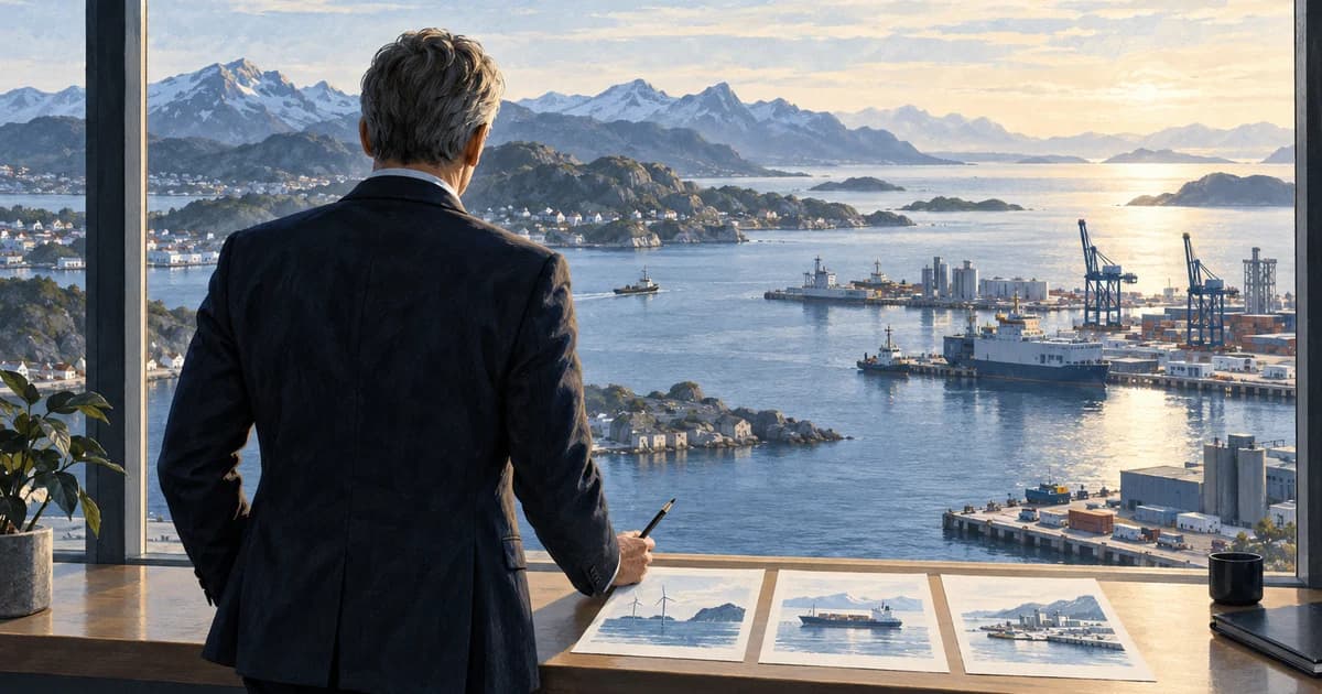 A board chair comparing scenario cards beside a window overlooking a working Norwegian harbour.