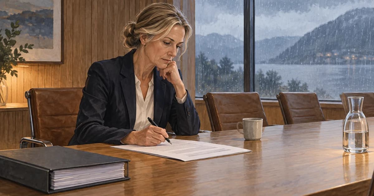 A board chair reviewing a short proposal in a Norwegian meeting room.