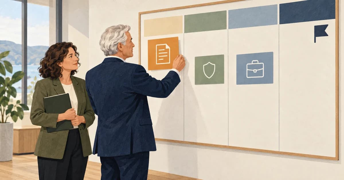 A board chair places a contract card early on an annual wall planner while the CEO stands beside him with a folder.