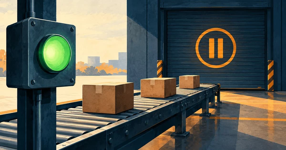 Parcels wait on a conveyor at a closed loading door marked with an amber pause symbol, despite a green status light.