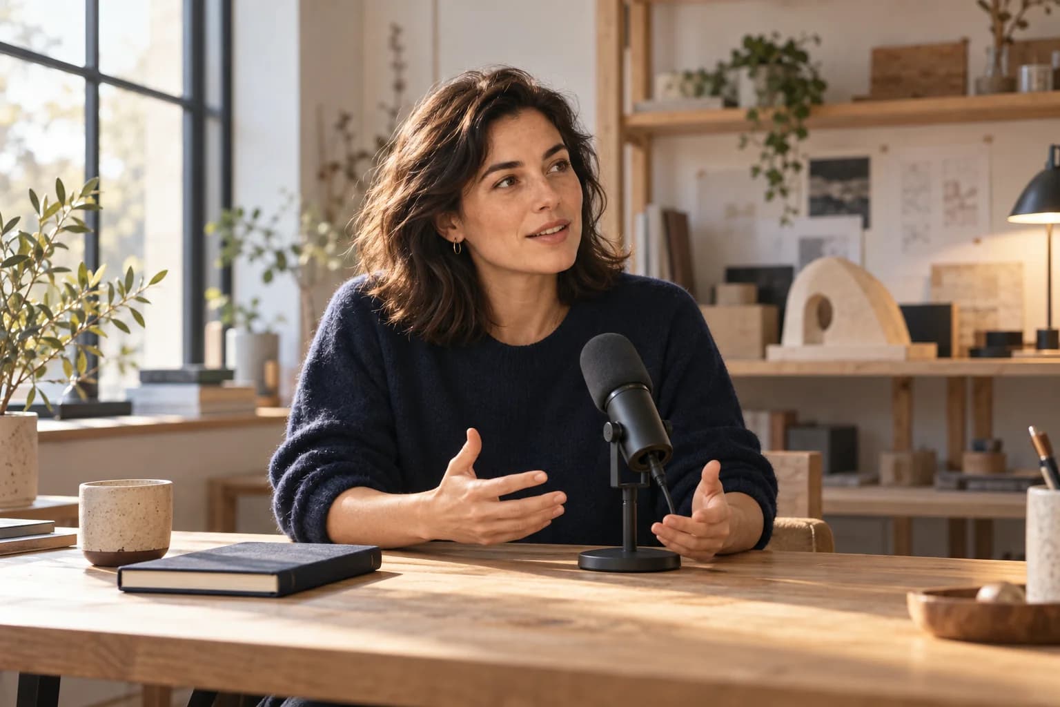 AI-generated image of a fictional founder telling the story of their business into an interview microphone.