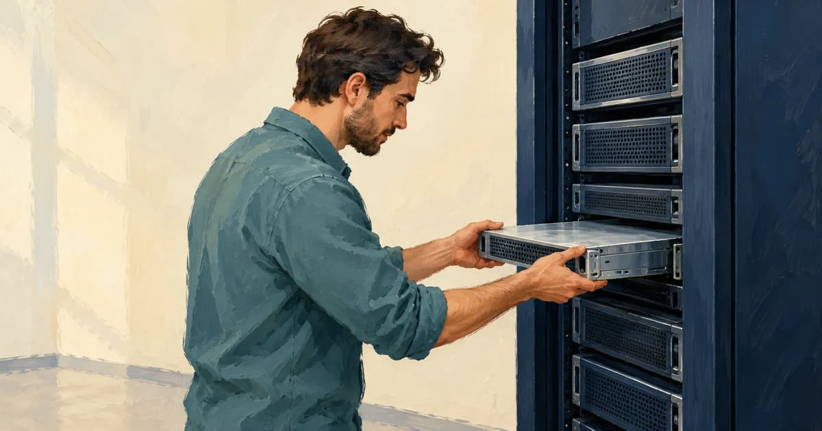 En tekniker monterer en servermodul, en redaksjonell illustrasjon av å erstatte et sårbart kjøremiljø.