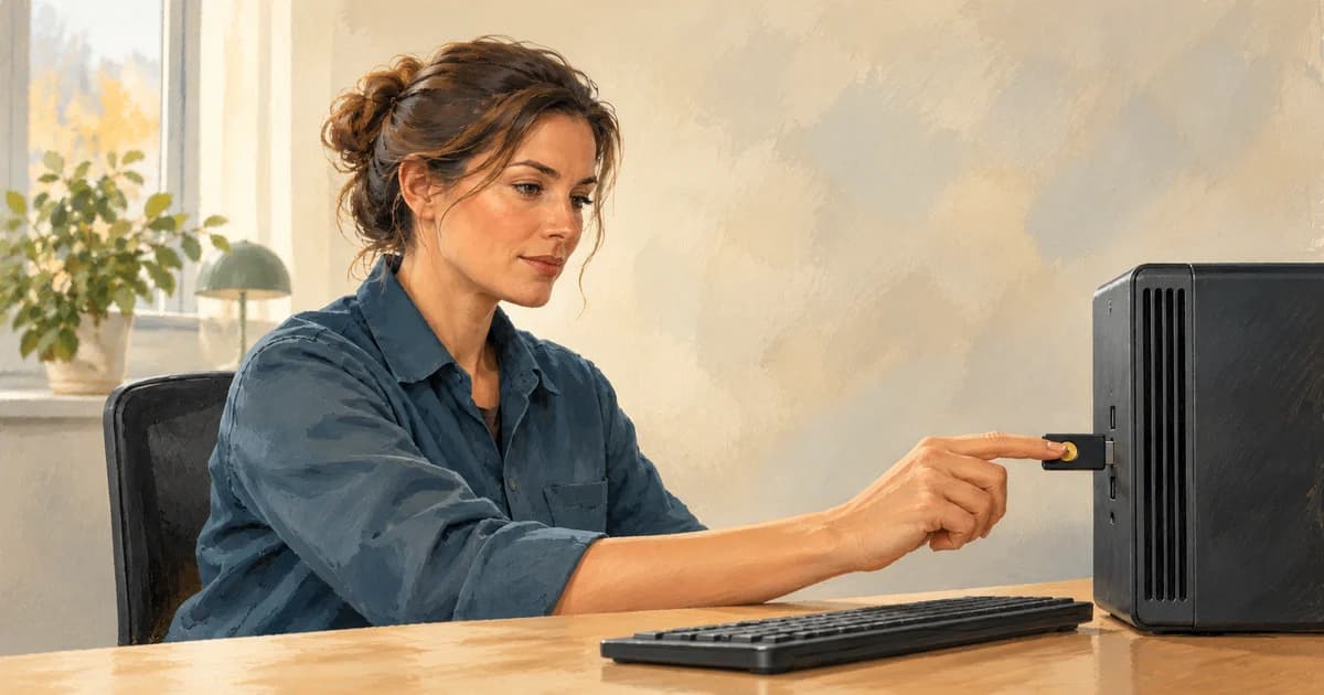 Painterly illustration of a service technician touching a physical security key to authenticate access.