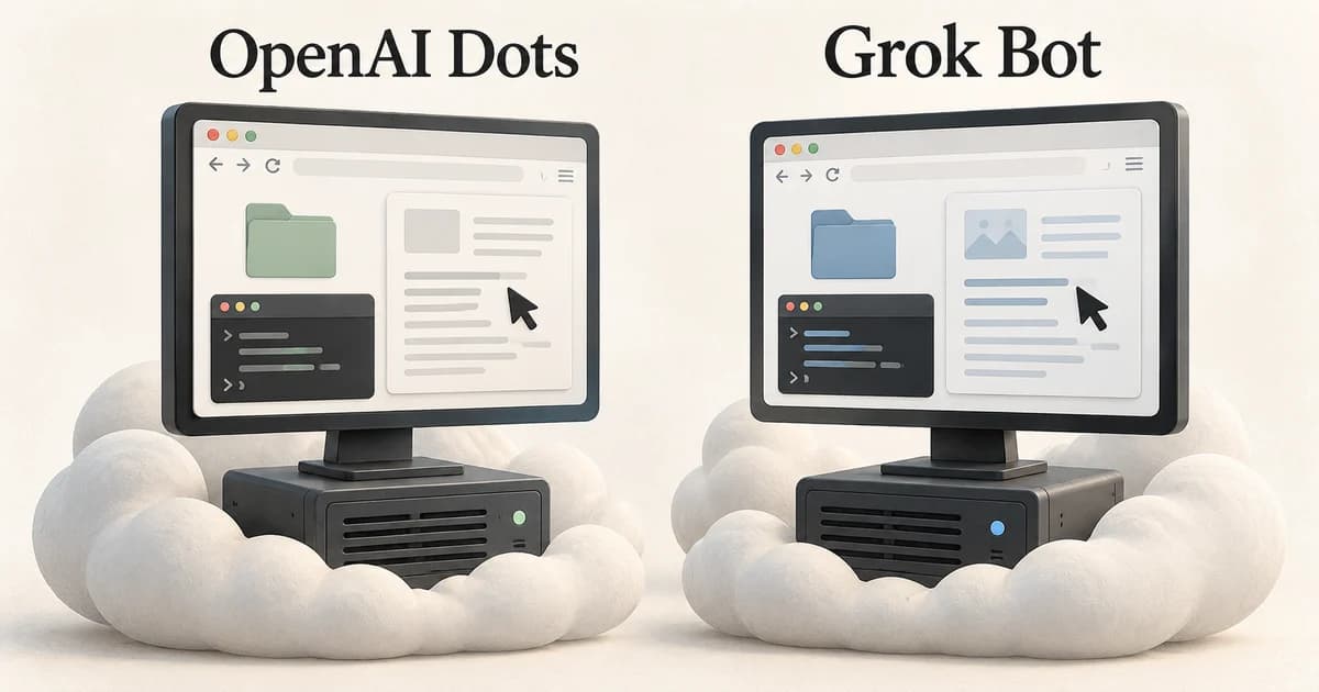 Conceptual illustration of OpenAI Dots and Grok Bot with separate cloud computers showing a browser, files and a terminal. Not product screenshots.